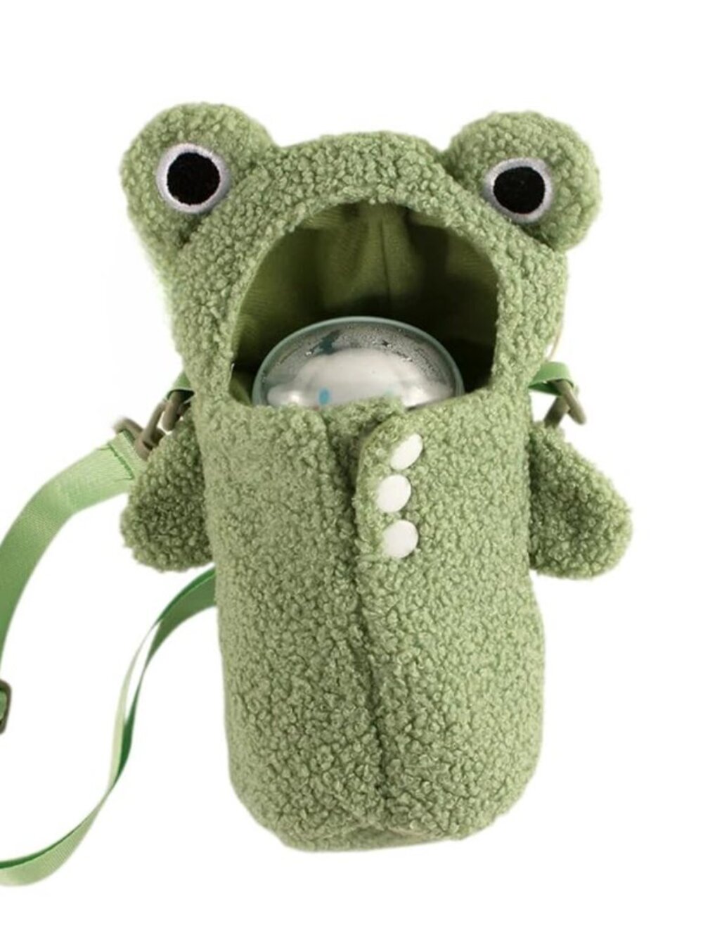 Frog Plush Water Bottle Carrier Bag Adjustable Crossbody Strap Insulated Cup
